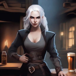 A female changeling rogue with white skin, white eyes, and white hair