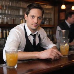 Actor Tobey Maguire, known for his portrayal of Spiderman, dressed in bar tender attire, serving crafted cocktails behind a busy bar.