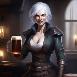 A female changeling rogue from Dungeons and Dragons with white skin, white eyes, and white hair