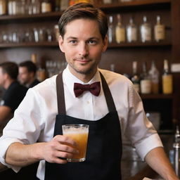 Actor Tobey Maguire, known for his portrayal of Spiderman, dressed in bar tender attire, serving crafted cocktails behind a busy bar.