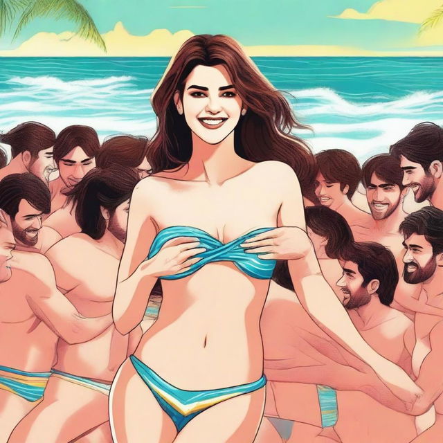 A digital art depiction of Kriti Sanon in a bikini being hugged by 50 male fans