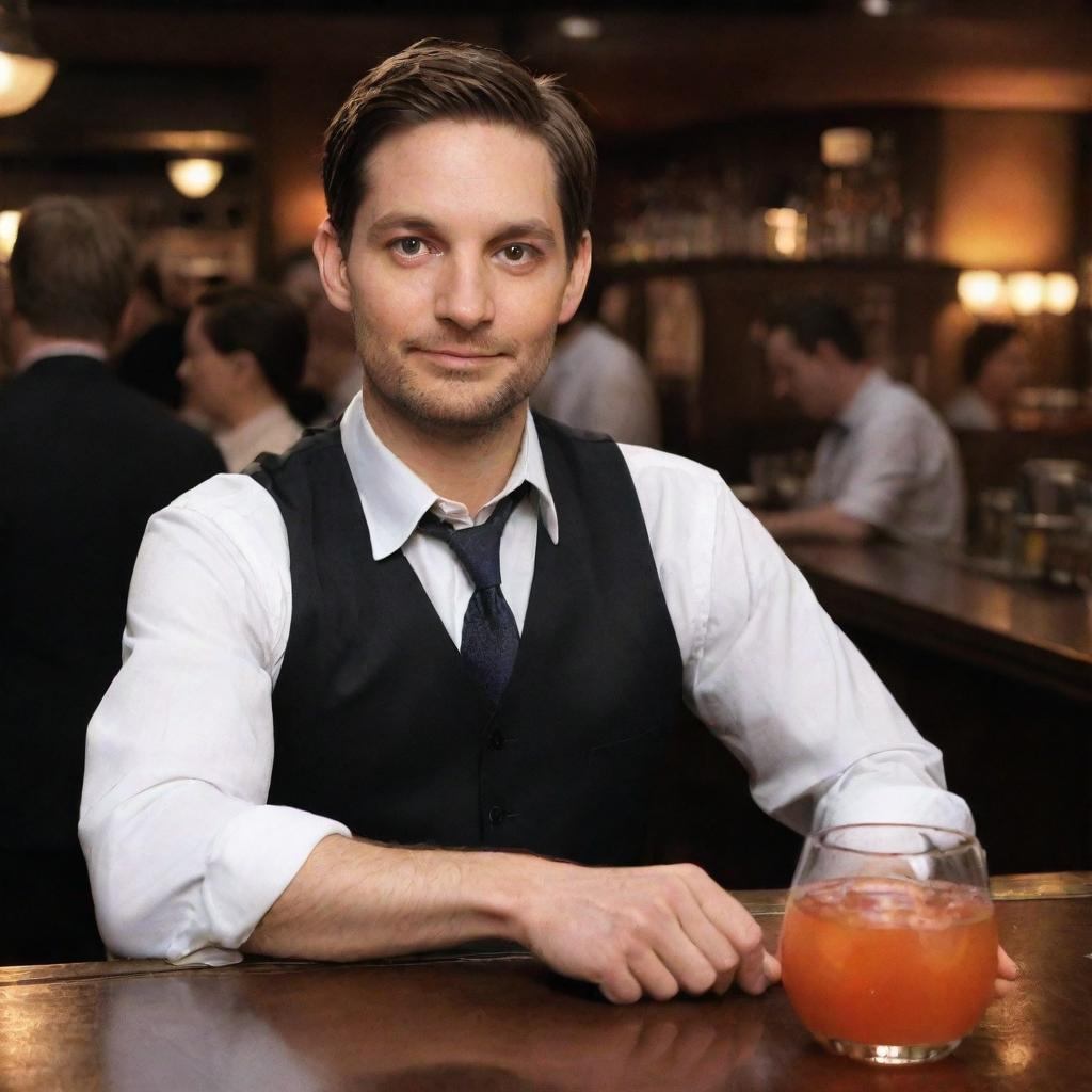 Actor Tobey Maguire, known for his portrayal of Spiderman, dressed in bar tender attire, serving crafted cocktails behind a busy bar.