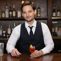 Actor Tobey Maguire, known for his portrayal of Spiderman, dressed in bar tender attire, serving crafted cocktails behind a busy bar.