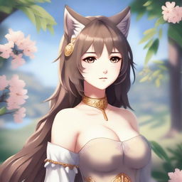 A beautiful waifu character inspired by the Iberian lynx, with delicate feline features, large expressive eyes, and a flowing outfit that incorporates elements of the Iberian lynx's fur pattern