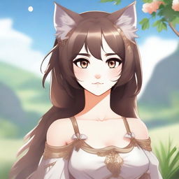 A beautiful waifu character inspired by the Iberian lynx, with delicate feline features, large expressive eyes, and a flowing outfit that incorporates elements of the Iberian lynx's fur pattern