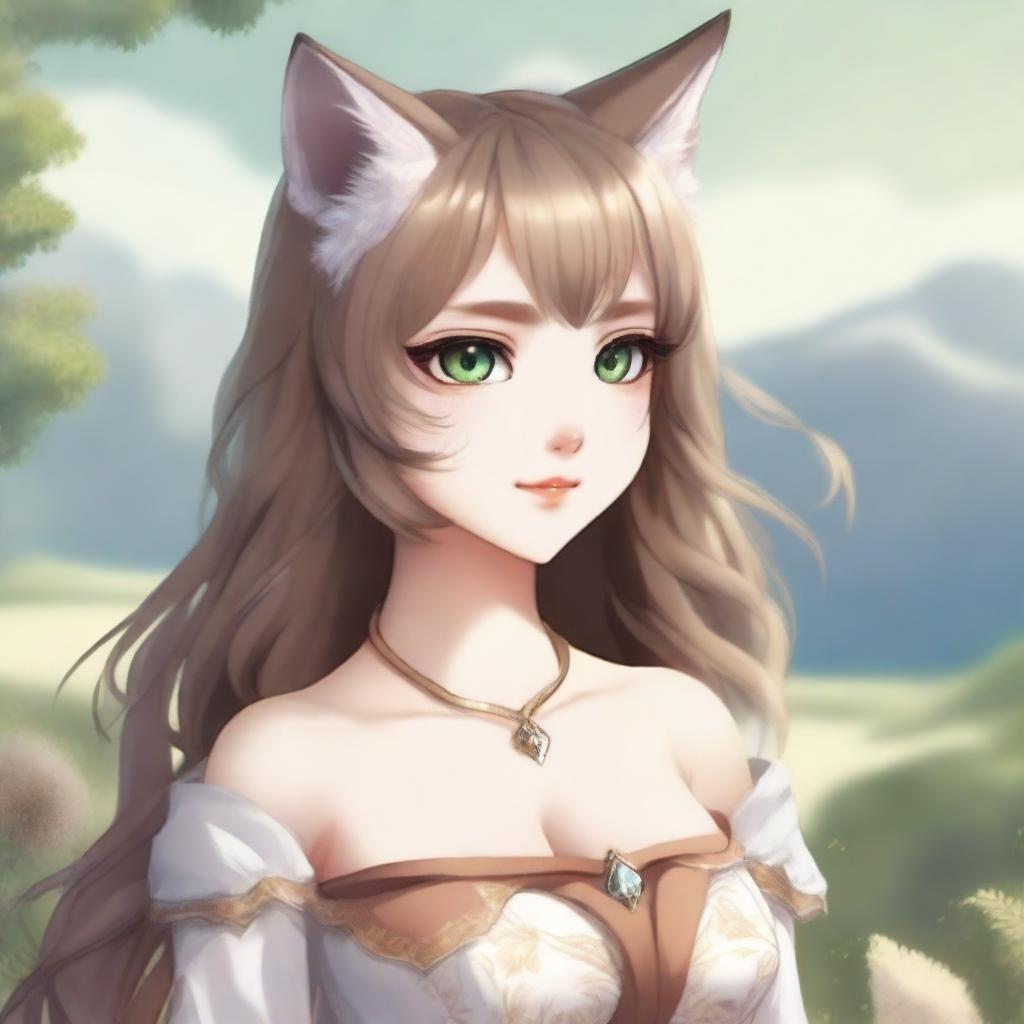 A beautiful waifu character inspired by the Iberian lynx, with delicate feline features, large expressive eyes, and a flowing outfit that incorporates elements of the Iberian lynx's fur pattern