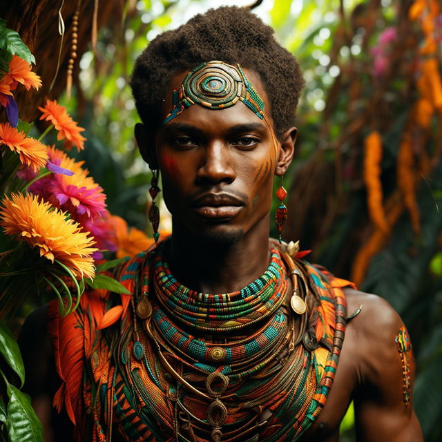 Hyper-realistic 3D photograph of yet another different androgynous African man in tribal attire in a vibrant mystical jungle.