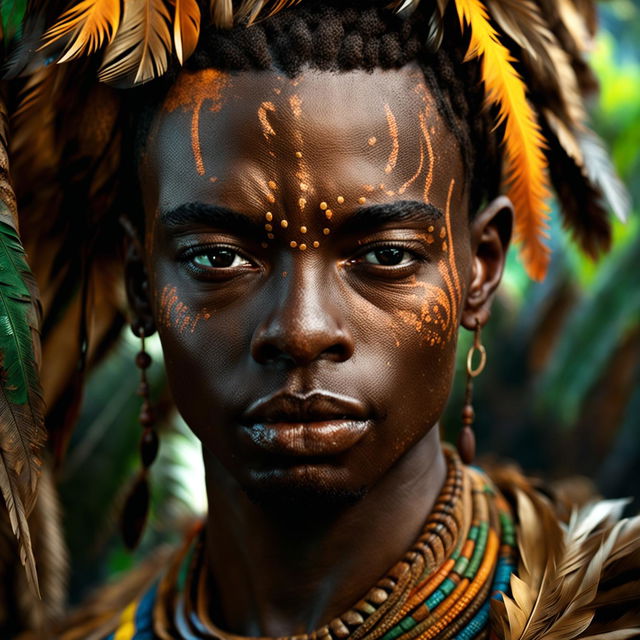 Intense close-up of yet another different androgynous African man in tribal attire in a vibrant mystical jungle, with immaculate composition and lighting.