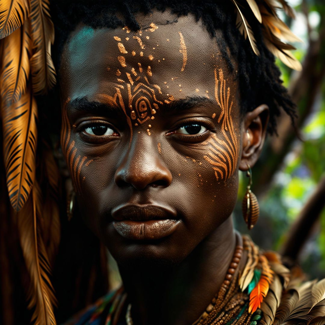 Intense close-up of a different androgynous African man in tribal attire in a vibrant mystical jungle, with immaculate composition and lighting.