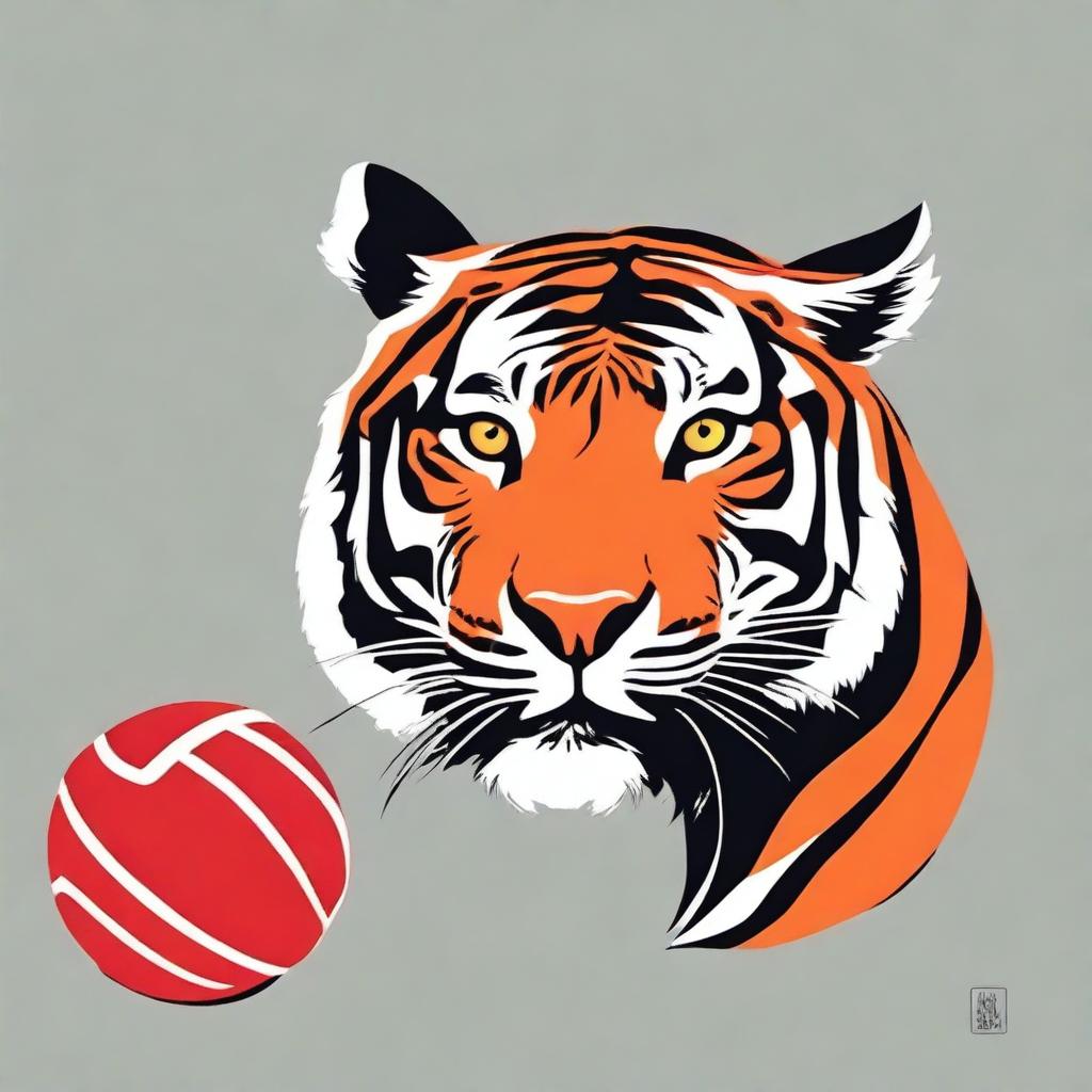 Design a volleyball t-shirt with a red base color and a tiger logo