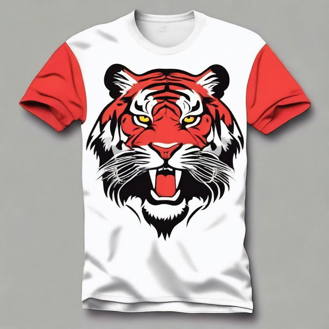 Design a volleyball t-shirt with a red base color and a tiger logo