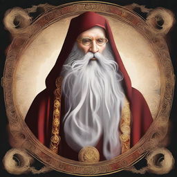 A detailed illustration of a human wizard, around sixty years old, bald, with a long black beard bound in golden rings