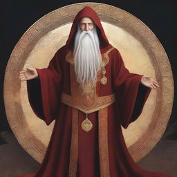 A detailed illustration of a human wizard, around sixty years old, bald, with a long black beard bound in golden rings