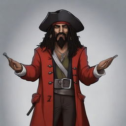 Create an image of a DnD half-orc character who is short, a pirate wizard with salt and pepper black hair, a red coat, and a cavalier hat