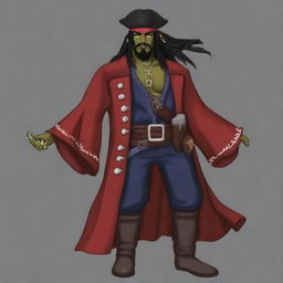 Create an image of a DnD half-orc character who is short, a pirate wizard with salt and pepper black hair, a red coat, and a cavalier hat