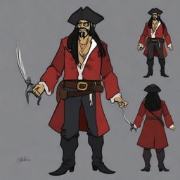 Create an image of a DnD half-orc character who is short, a pirate wizard with salt and pepper black hair, a red coat, and a cavalier hat