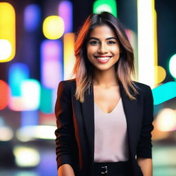 A beautiful young woman with a radiant smile and stylish attire, standing confidently