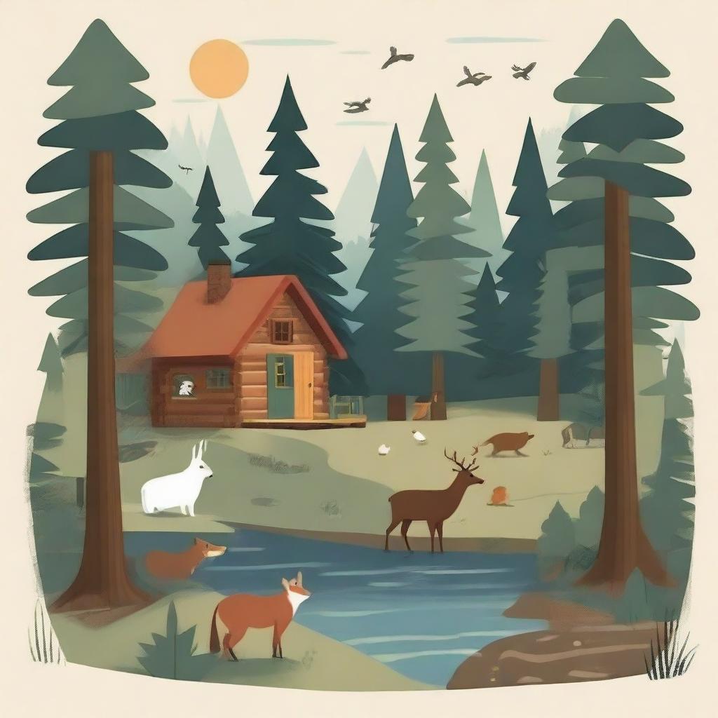 An illustrated guide to living in the woods, featuring a serene woodland scene with tall trees, a cozy cabin, and various forest animals