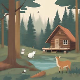 An illustrated guide to living in the woods, featuring a serene woodland scene with tall trees, a cozy cabin, and various forest animals