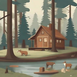 An illustrated guide to living in the woods, featuring a serene woodland scene with tall trees, a cozy cabin, and various forest animals