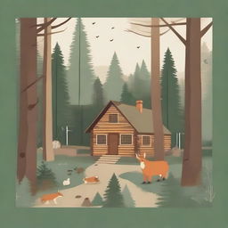 An illustrated guide to living in the woods, featuring a serene woodland scene with tall trees, a cozy cabin, and various forest animals