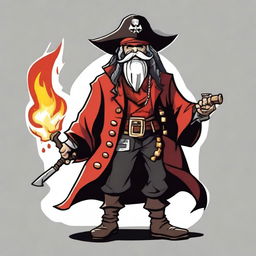 Create an image of a DnD goblin character who is short, a pirate wizard, with black and white graying hair, a red coat, and a cavalier hat with a phoenix feather in it