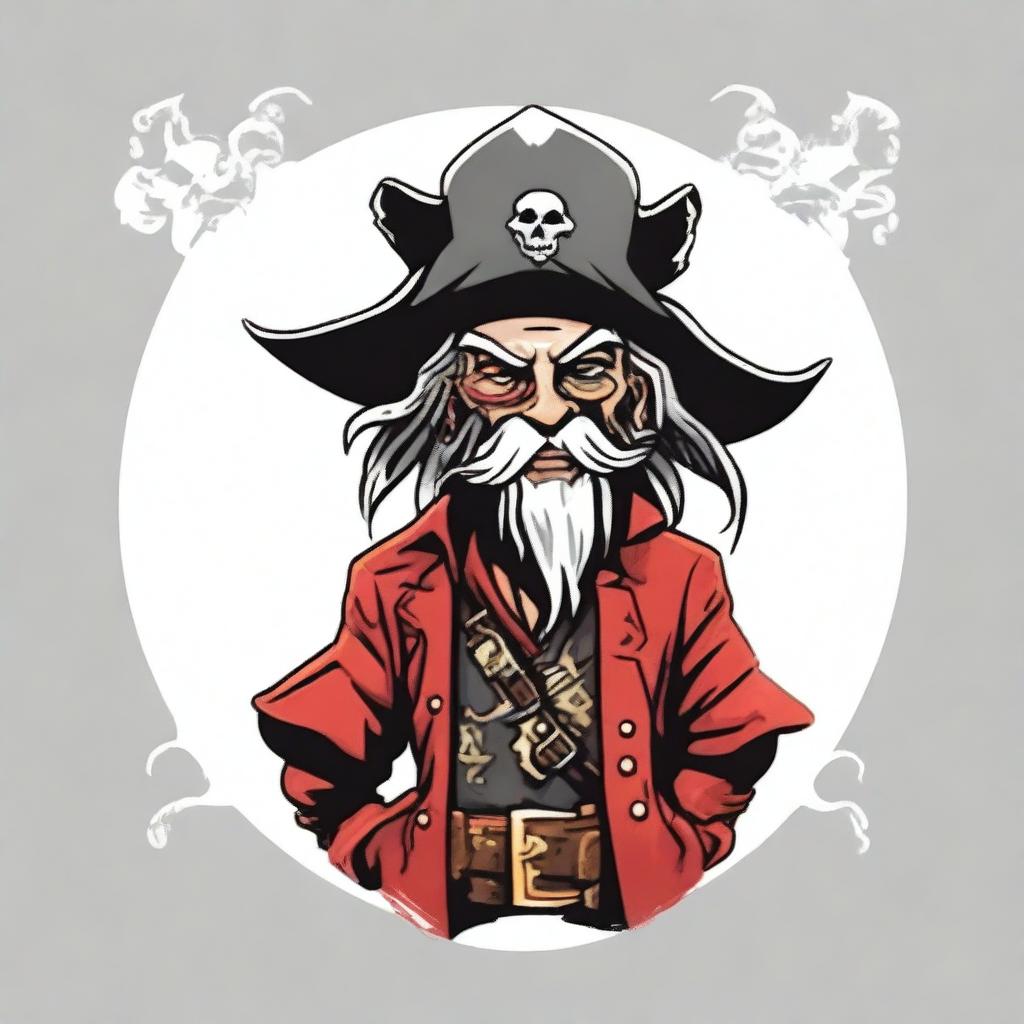 Create an image of a DnD goblin character who is short, a pirate wizard, with black and white graying hair, a red coat, and a cavalier hat with a phoenix feather in it