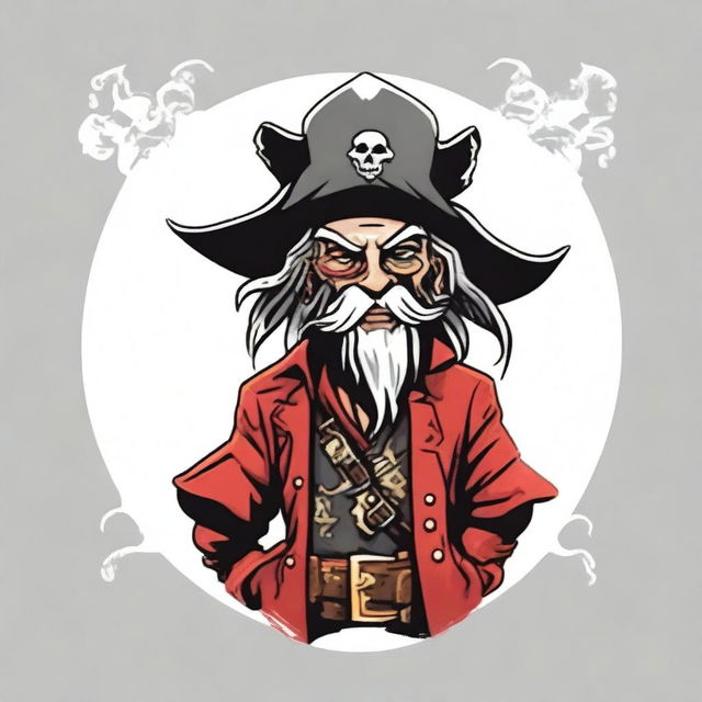 Create an image of a DnD goblin character who is short, a pirate wizard, with black and white graying hair, a red coat, and a cavalier hat with a phoenix feather in it