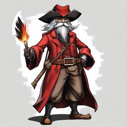 Create an image of a DnD goblin character who is short, a pirate wizard, with black and white graying hair, a red coat, and a cavalier hat with a phoenix feather in it