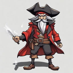 Create an image of a DnD goblin character who is short, a pirate wizard, with black and white graying hair, a red coat, and a cavalier hat with a phoenix feather in it