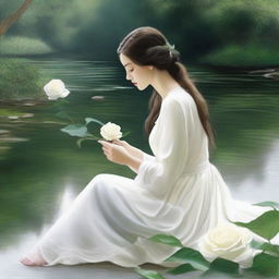 Draw a woman sitting by a river, holding a white rose in her hands