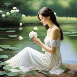 Draw a woman sitting by a river, holding a white rose in her hands