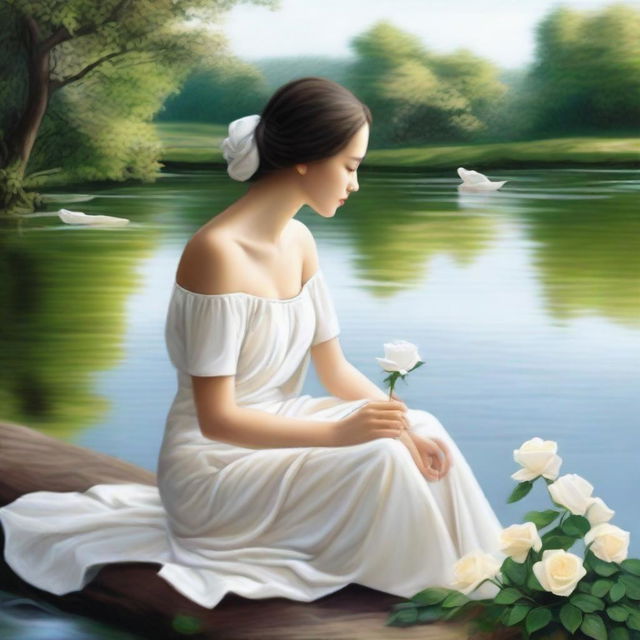 Draw a woman sitting by a river, holding a white rose in her hands