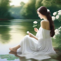 Draw a woman sitting by a river, holding a white rose in her hands