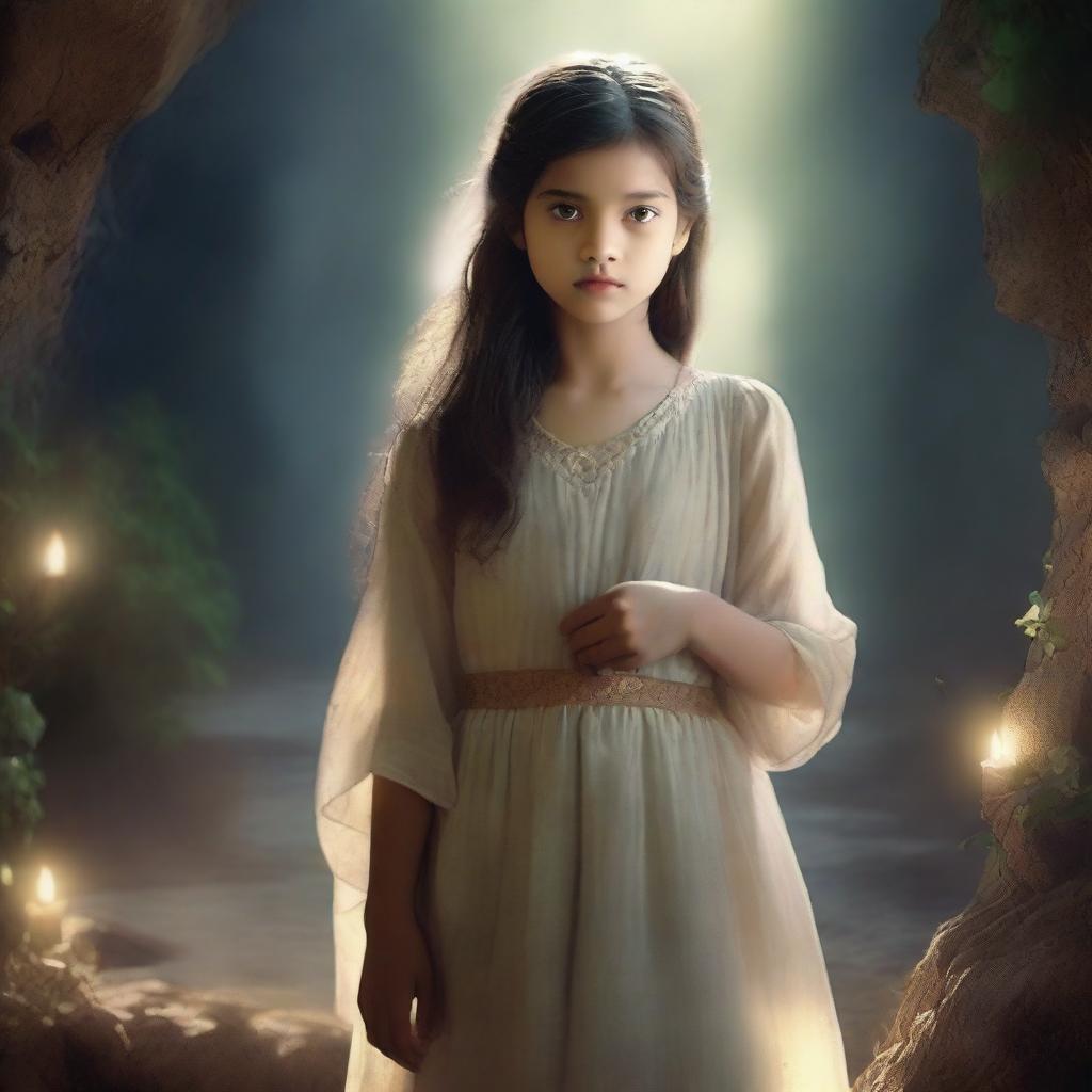 A poor girl who is actually the daughter of a god, depicted in a magical and enchanting environment