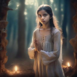 A poor girl who is actually the daughter of a god, depicted in a magical and enchanting environment