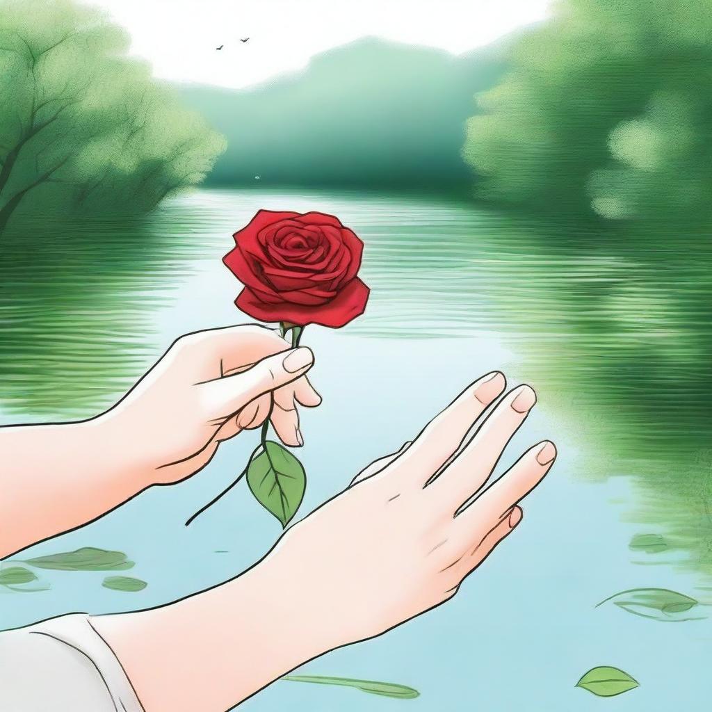 Draw a hand by a river, holding a rose