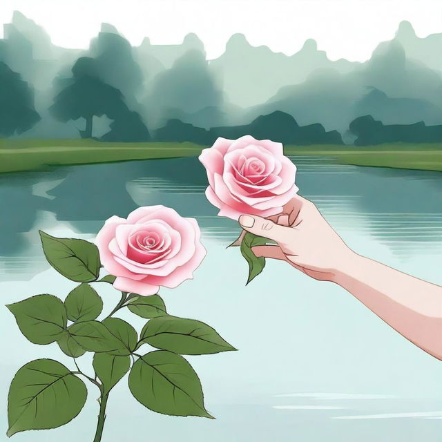 Draw a hand by a river, holding a rose