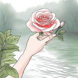 Draw a hand by a river, holding a rose