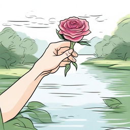 Draw a hand by a river, holding a rose