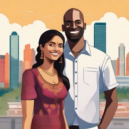 A depiction of an Indian woman with traditional attire standing next to a Black man in modern casual clothing