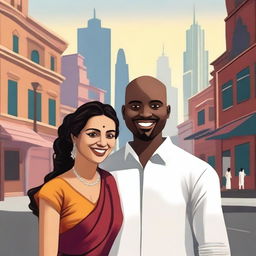 A depiction of an Indian woman with traditional attire standing next to a Black man in modern casual clothing