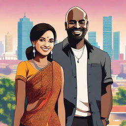 A depiction of an Indian woman with traditional attire standing next to a Black man in modern casual clothing