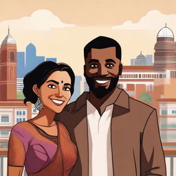 A depiction of an Indian woman with traditional attire standing next to a Black man in modern casual clothing