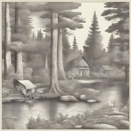 A detailed pen and ink traditional illustration of a woodland scene, showing a guide to living in the woods