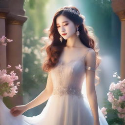 A beautiful girl who is actually the daughter of a god, depicted in a magical and enchanting environment