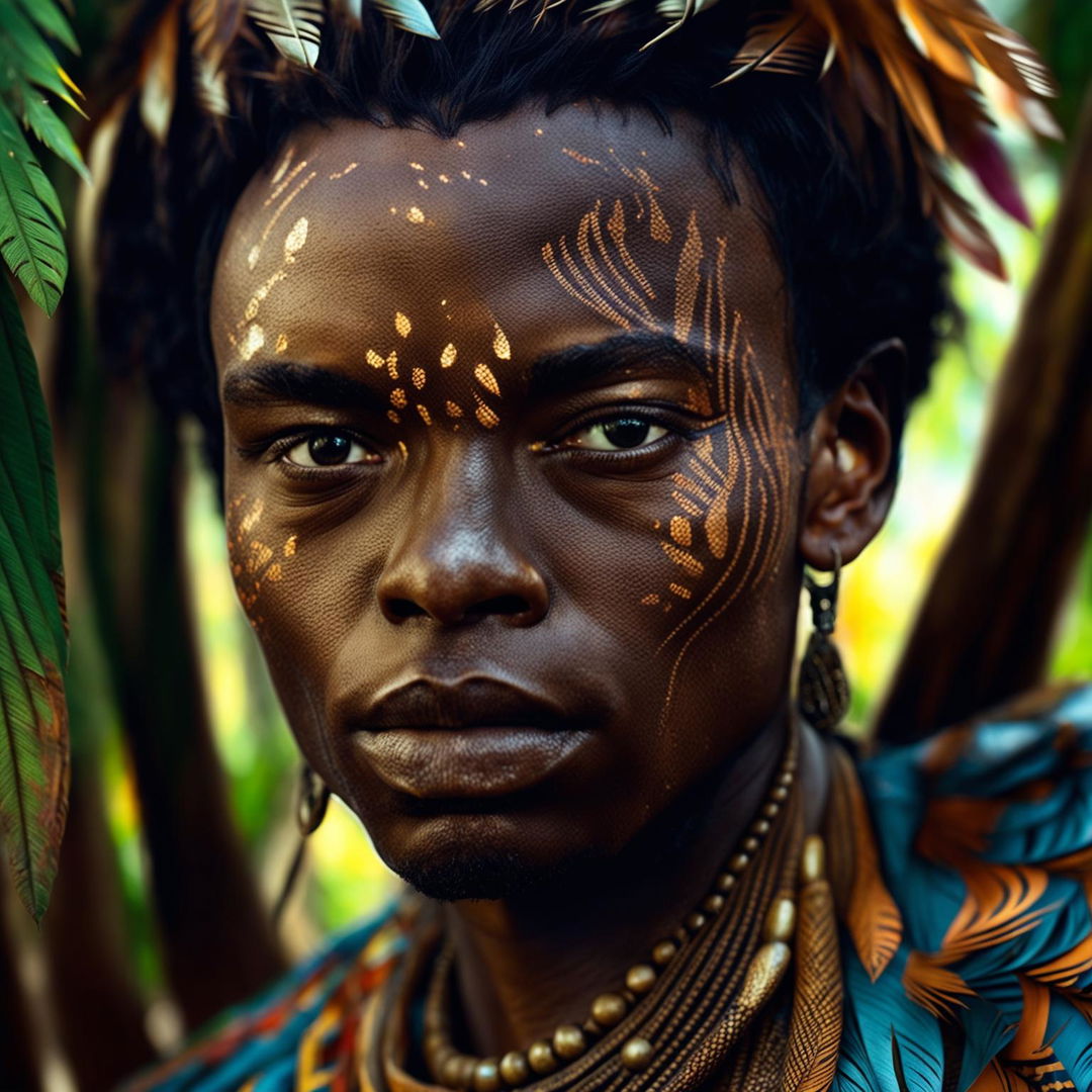 Intense close-up of a new different androgynous African man in tribal attire in a vibrant mystical jungle, with immaculate composition and lighting.