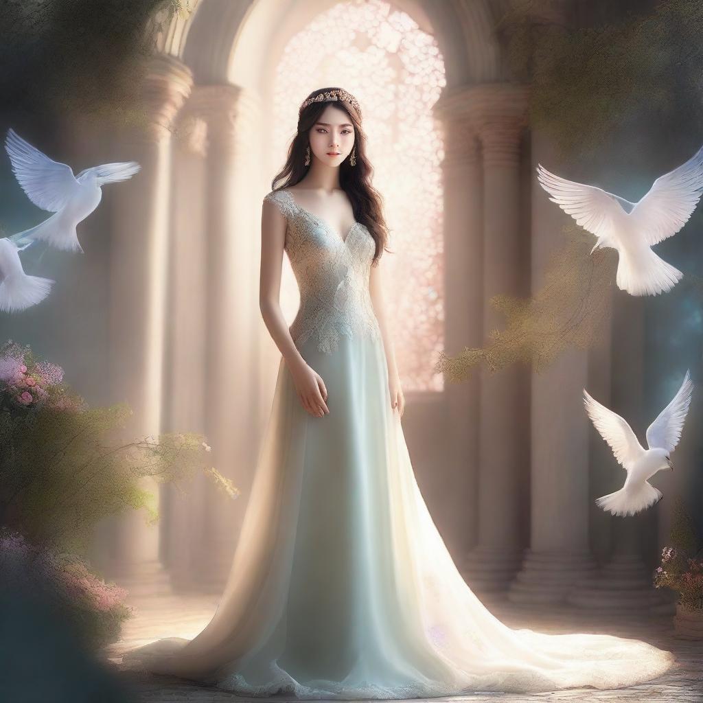 A beautiful girl who is actually the daughter of a god, depicted in a magical and enchanting environment