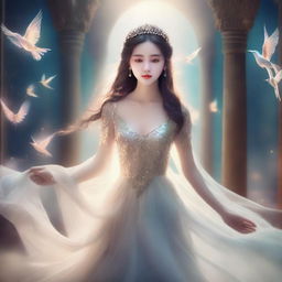 A beautiful girl who is actually the daughter of a god, depicted in a magical and enchanting environment