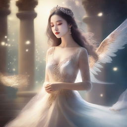 A beautiful girl who is actually the daughter of a god, depicted in a magical and enchanting environment